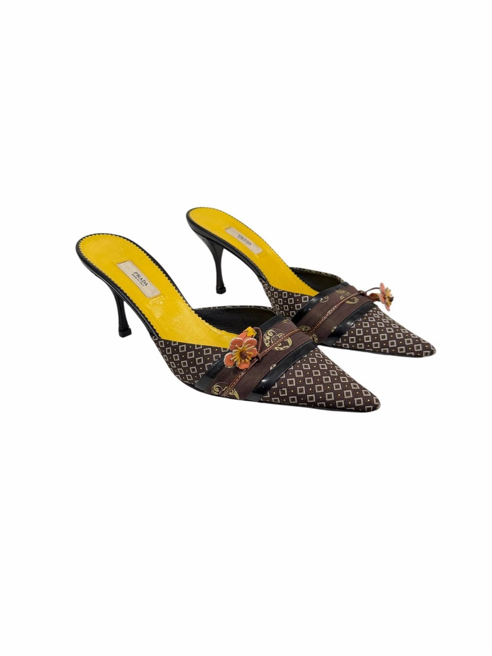 Prada Floral Pointed Toe Heels Mules Brown Print Leather